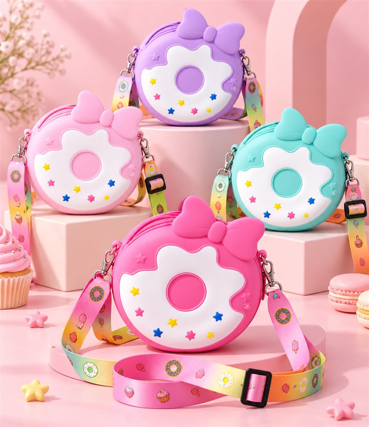 Bolsinhas de silicone em formato de donut com laço e alça colorida